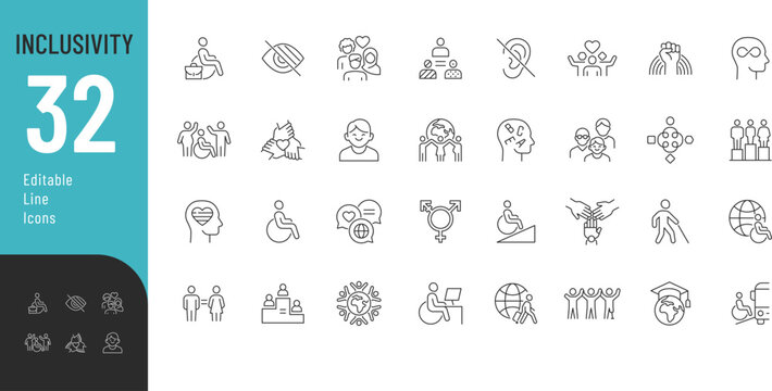 
Inclusivity Editable Icons set. Vector illustration in modern thin line style of diversity related icons: gender, social, ethnic equality, and more. Isolated on transparent background.
