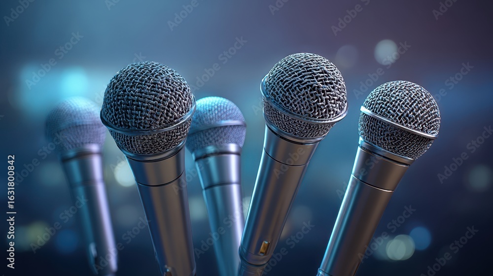 Poster the vibrant array of professional microphones ready for a performance.