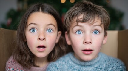 Amazed young Caucasian siblings with wide eyes capture the whimsical surprise of Boxing Day gift-giving and World Storytelling Day