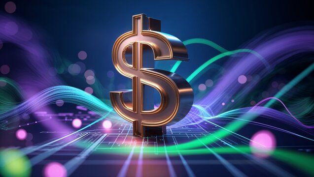 A golden dollar sign on a digital background represents finance and success.