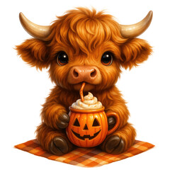 Cute Highland cow drinking pumpkin latte with whipped cream