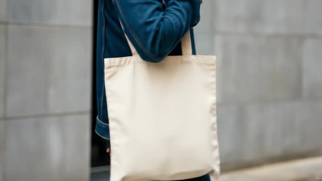 Blank canvas tote bag carried by Man in casual clothing outdoor street style. Mockup blank template