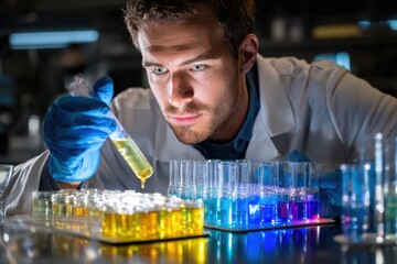 Chemist conducts experiments in a laboratory with colorful liquid samples at night