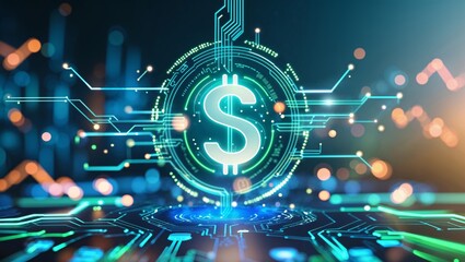 Digital dollar sign with circuit board design, symbolizing finance and technology.