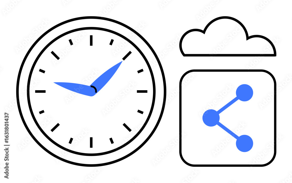 Poster analog clock, cloud, and data sharing mechanism. ideal for time management, productivity, teamwork, 