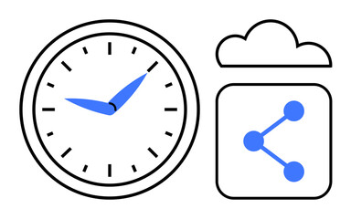 Analog clock, cloud, and data sharing mechanism. Ideal for time management, productivity, teamwork, technology, connectivity, innovation digital transformation simple landing page