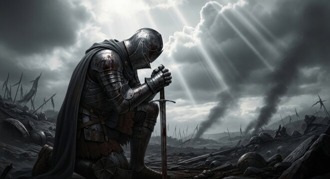 A knight kneeling in prayer with a sword on a battlefield under dramatic lighting and cloudy skies