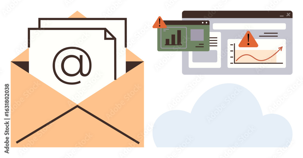 Aufkleber open envelope with email icon, two warning signals on digital charts, and cloud graphic. ideal for c