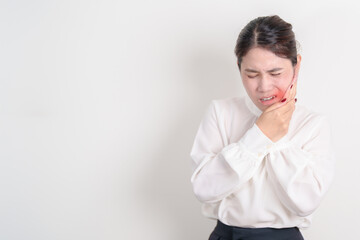 Business woman having Toothache and pain. Oral Teeth decay and Gum disease, Scrape off tartar....