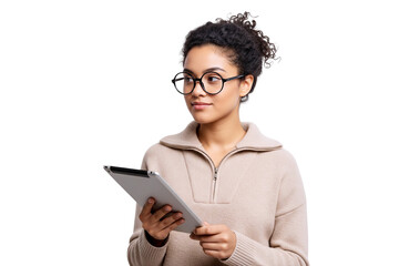 young woman with tablet computer isolated on white