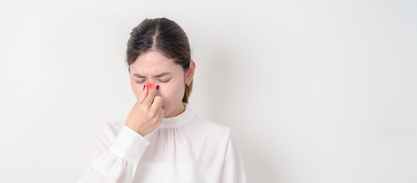 Business Woman having Nose pain for concepts of Nose disease, Common Cold, Influenza, Flu, Covid 19, Respiratory Infection, Sinusitis, Allergic Rhinitis, Asthma, Allergy, Dry nose Anosmia and Health