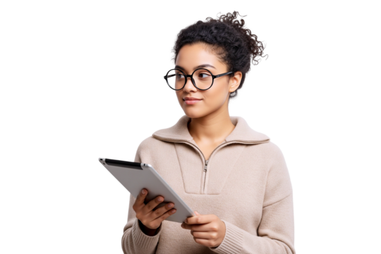 young woman with tablet computer isolated on white