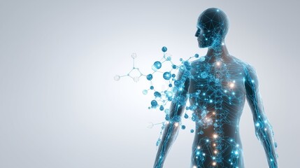 Holographic Human Anatomy Silhouette with Glowing Molecular Patterns on Futuristic White Background