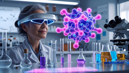 A scientist in a futuristic lab studies a visualized virus using vr technology.
