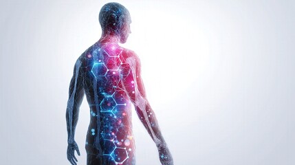 Futuristic Health-Tech Design Featuring Glowing Molecular Elements and Human Anatomy Silhouette