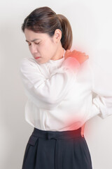 Business woman having back body ache for concepts of Back Muscle Strain, Piriformis Syndrome, Low...