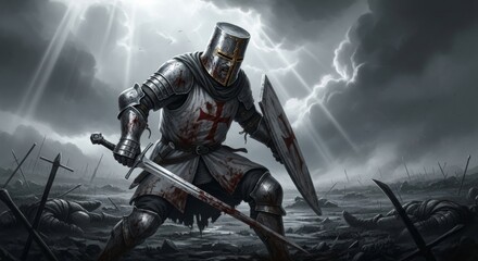A crusader knight stands amidst a battlefield with sword and shield ready for more combat ahead now