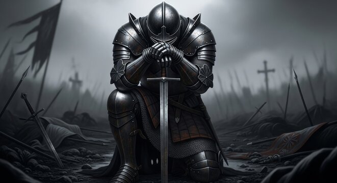 A knight in full armor kneeling with a sword in a battlefield with crosses and spears in the background - Powered by Adobe