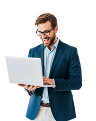 Happy young businessman with laptop isolated on white