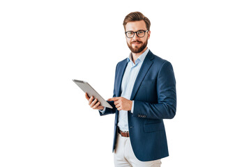 young businessman working on tablet isolated on white