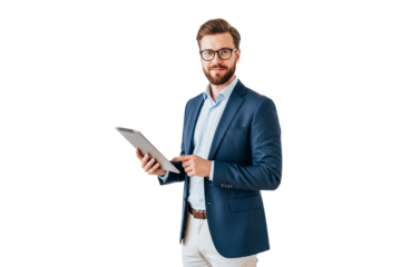 young businessman working on tablet isolated on white
