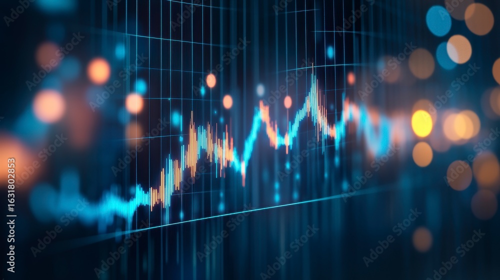 Poster abstract financial graph showing market trends and data analytics on a digital screen with bokeh lig