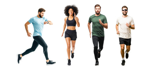 group of young people running isolated on white