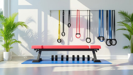 home weightlifting routine. Modern gym setup featuring a red workout bench, weights, resistance bands, and plants, creating a fresh and inviting exercise space.