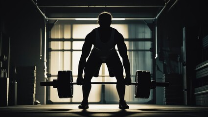 home weightlifting routine. Silhouette of a weightlifter preparing to lift a barbell in a dimly lit gym environment.