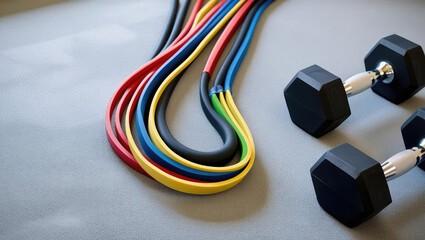 home weightlifting routine. Fitness equipment including colorful resistance bands and dumbbells on a textured surface.