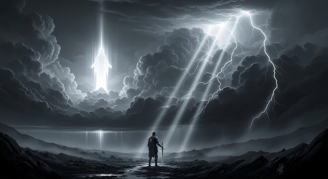 A lone knight stands before a stormy sky with lightning and a divine light in the distance