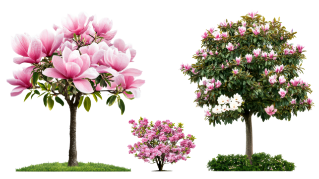 Magnificent magnolia trees in various sizes with vibrant flowers