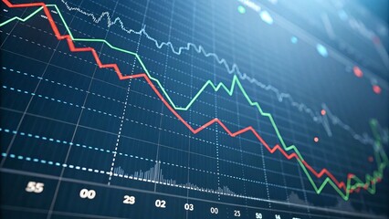 Digital graph of stock market trends with red and green lines on dark blue grid. Modern design with depth, data overlays, and glowing elements for financial analysis visuals.