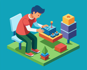 A person building a miniature model of house image. Isometric style. Vector illustration.