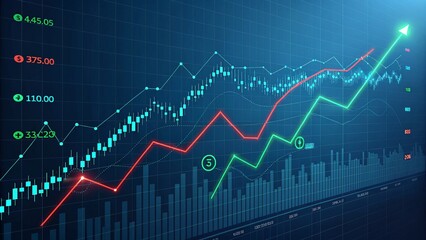 Naklejka premium Digital graph of stock market trends with red and green lines on dark blue grid. Modern design with depth, data overlays, and glowing elements for financial analysis visuals.