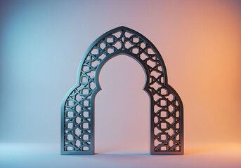 Complex geometric Moroccan arch border with Islamic pattern design, created from reflective silver metal, set against a stark white background, emphasizing the pattern's complexity, minimalist aesthet