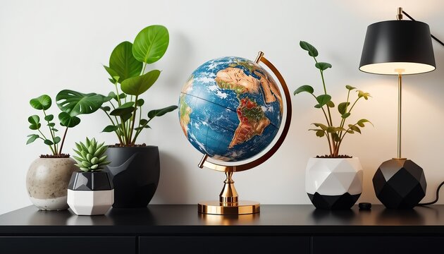 "Stylish Desk Globe Decor with Indoor Plants and Modern Lamp – Minimalist Home Office Interior" - Powered by Adobe
