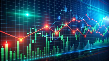 Fototapeta premium Digital graph of stock market trends with red and green lines on dark blue grid. Modern design with depth, data overlays, and glowing elements for financial analysis visuals.