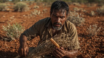 Man holding a bundle of wheat stalks in a dry, arid landscape with a serious expression on his face