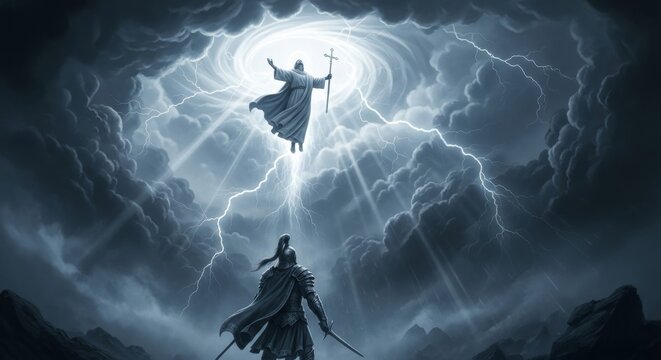 A knight facing a figure holding a cross in a stormy sky with lightning and bright light above - Powered by Adobe