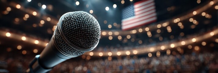 Microphone on stage in front of an audience with American flag backdrop during a public speaking event in the evening