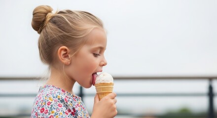 Little girl enjoying a delicious ice cream cone on a warm summer day with a happy and carefree expression