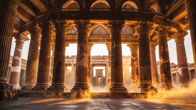 Explore the ruins of an ancient Roman temple, bathed in warm sunlight.