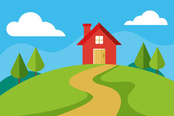 Charming red house on a rolling green hill with a winding path