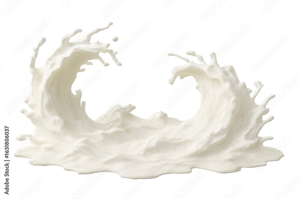 Poster milk pouring dynamically, forming symmetrical waves with splashing droplets against clean translucen