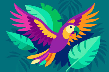 Vibrant parrot soars amidst lush tropical foliage