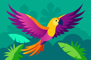 Vibrant parrot in flight amidst lush tropical foliage