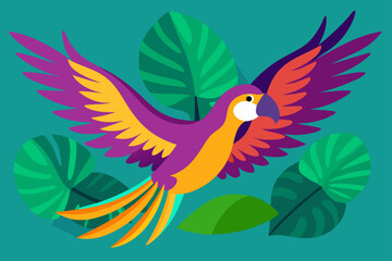 Vibrant parrot in flight amidst lush tropical leaves