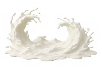 Milk pouring dynamically, forming symmetrical waves with splashing droplets against clean translucent surface, highlighting liquid movement