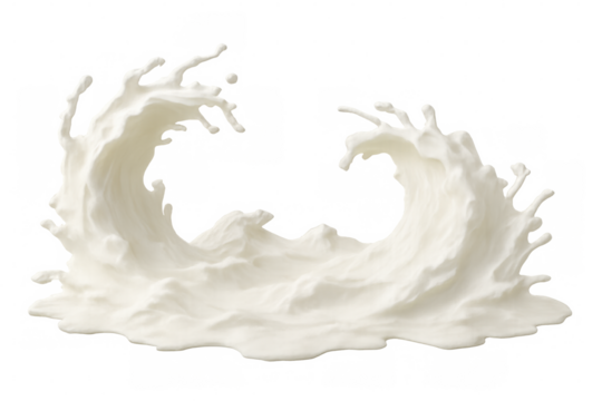 Milk pouring dynamically, forming symmetrical waves with splashing droplets against clean translucent surface, highlighting liquid movement